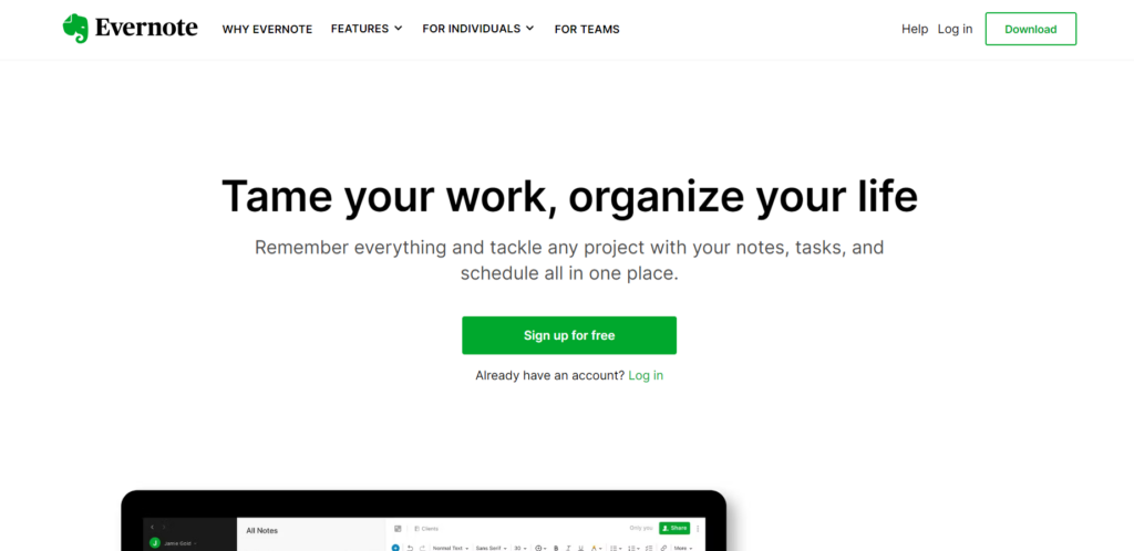 Screenshot of the Evernote Homepage